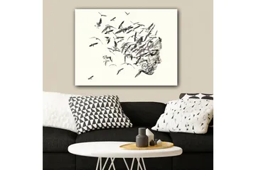 Canvastavla 70x100 cm - Stiliserad ansiktsprofil som smälter samman med flygande fåglar - Grå / Svart / Beige - Inredning - Tavlor & posters - Canvastavla