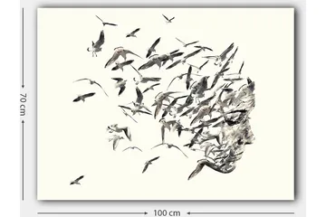 Canvastavla 70x100 cm - Stiliserad ansiktsprofil som smälter samman med flygande fåglar - Grå / Svart / Beige - Inredning - Tavlor & posters - Canvastavla