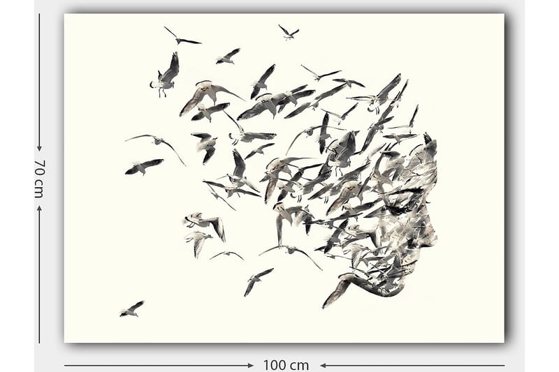 Canvastavla 70x100 cm - Stiliserad ansiktsprofil som smälter samman med flygande fåglar - Grå / Svart / Beige - Inredning - Tavlor & posters - Canvastavla