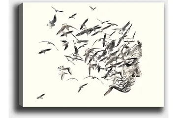 Canvastavla 70x100 cm - Stiliserad ansiktsprofil som smälter samman med flygande fåglar - Grå / Svart / Beige - Inredning - Tavlor & posters - Canvastavla