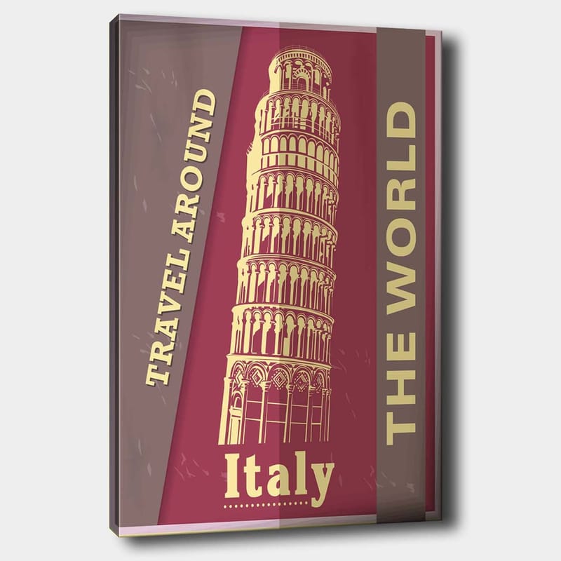 Canvastavla 70x100 cm - Stiliserad avbildning av det lutande tornet i Pisa, omgiven av text som uppmanar till resande - Mörkröd / Beige - Inredning - Tavlor & posters - Canvastavla