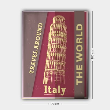 Canvastavla 70x100 cm - Stiliserad avbildning av det lutande tornet i Pisa, omgiven av text som uppmanar till resande - Mörkröd / Beige - Inredning - Tavlor & posters - Canvastavla