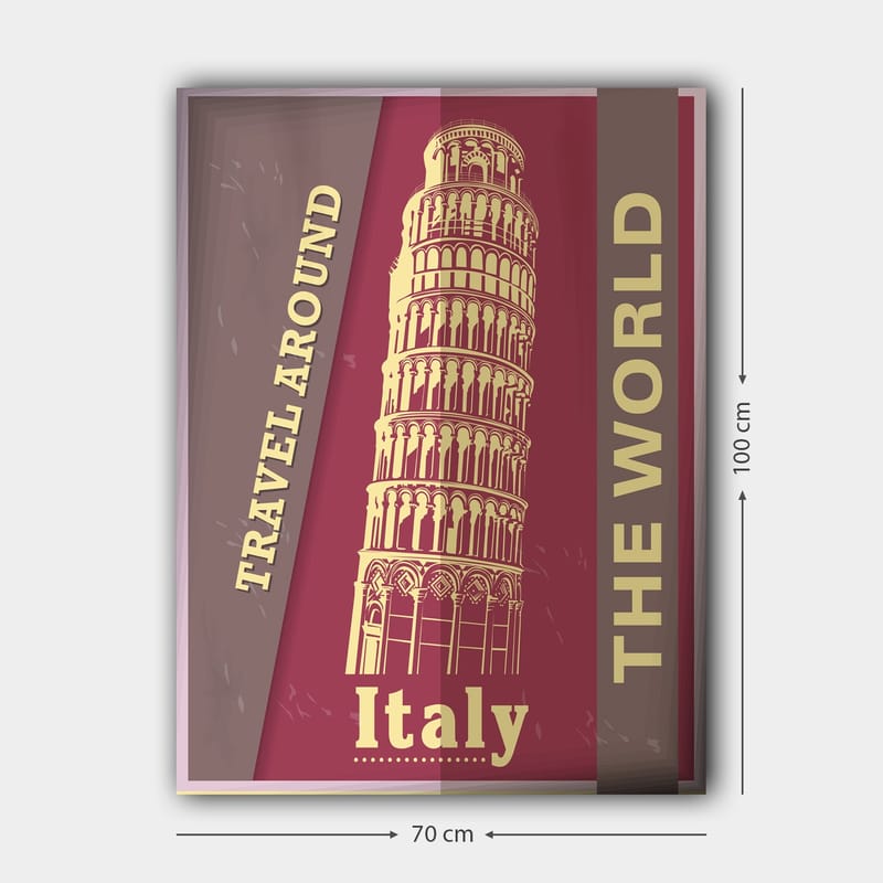 Canvastavla 70x100 cm - Stiliserad avbildning av det lutande tornet i Pisa, omgiven av text som uppmanar till resande - Mörkröd / Beige - Inredning - Tavlor & posters - Canvastavla