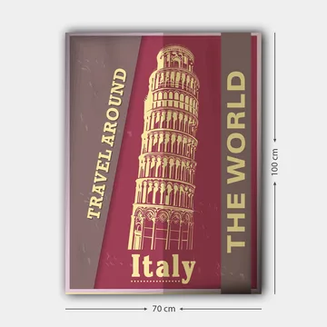 Canvastavla 70x100 cm - Stiliserad avbildning av det lutande tornet i Pisa, omgiven av text som uppmanar till resande - Mörkröd / Beige - Inredning - Tavlor & posters - Canvastavla