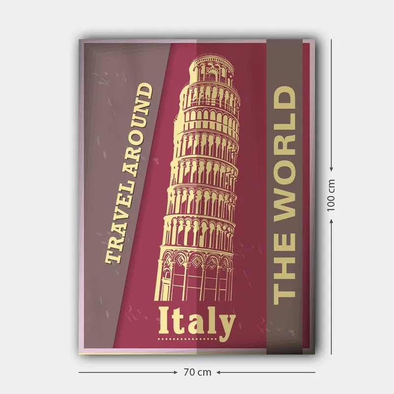 Canvastavla 70x100 cm - Stiliserad avbildning av det lutande tornet i Pisa, omgiven av text som uppmanar till resande - Mörkröd / Beige - Inredning - Tavlor & posters - Canvastavla