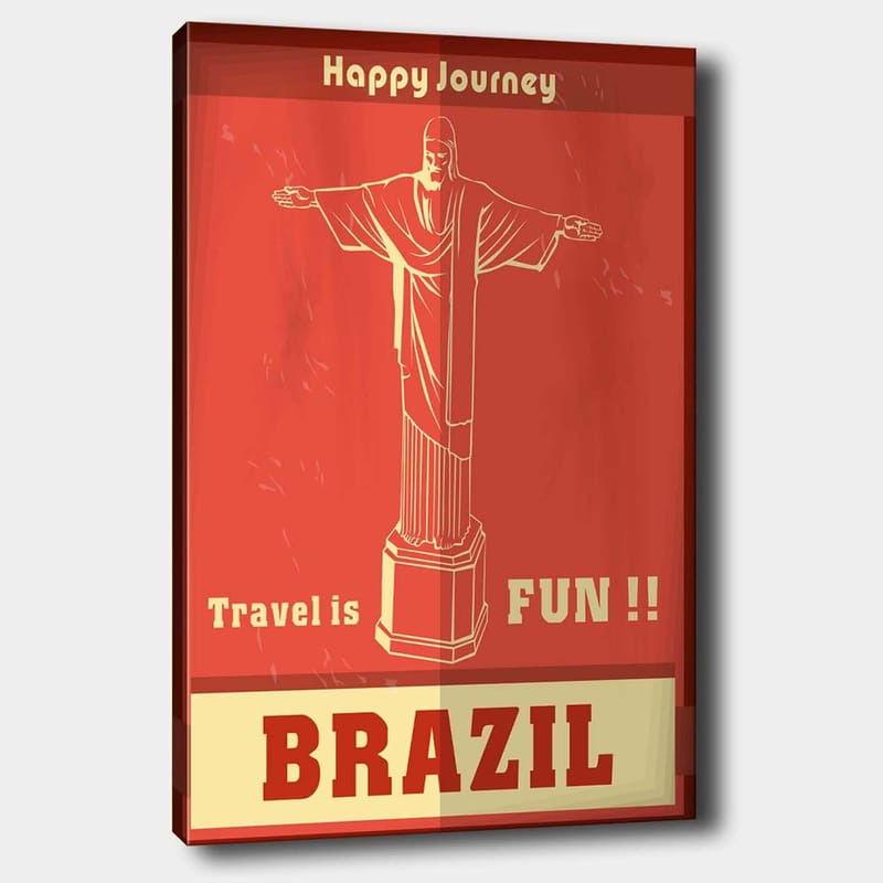 Canvastavla 70x100 cm - Stiliserad avbildning av Kristusstatyn i Rio de Janeiro med en glad resebudskap, Röd / Beige
