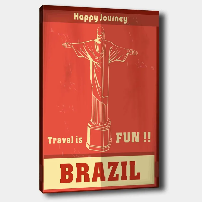 Canvastavla 70x100 cm - Stiliserad avbildning av Kristusstatyn i Rio de Janeiro med en glad resebudskap, Röd / Beige