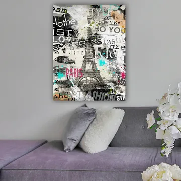 Canvastavla 70x100 cm - Stiliserad bild av Eiffeltornet omgiven av modeord och färgglada detaljer - Svart / Rosa / Turkos - Inredning - Tavlor & posters - Canvastavla