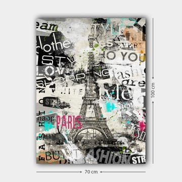Canvastavla 70x100 cm - Stiliserad bild av Eiffeltornet omgiven av modeord och färgglada detaljer - Svart / Rosa / Turkos - Inredning - Tavlor & posters - Canvastavla