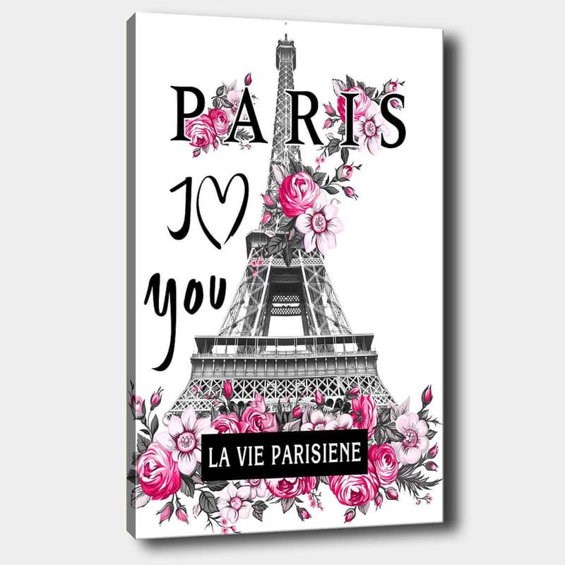 Canvastavla 70x100 cm - Stiliserad bild av Eiffeltornet omgiven av rosa blommor och texten PARIS I Love you, Rosa / Svart / Grå