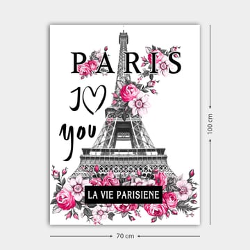 Canvastavla 70x100 cm - Stiliserad bild av Eiffeltornet omgiven av rosa blommor och texten PARIS I Love you - Rosa / Svart / Grå - Inredning - Tavlor & posters - Canvastavla