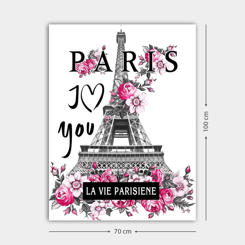 Canvastavla 70x100 cm - Stiliserad bild av Eiffeltornet omgiven av rosa blommor och texten PARIS I Love you - Rosa / Svart / Grå - Inredning - Tavlor & posters - Canvastavla