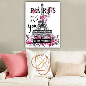 Canvastavla 70x100 cm - Stiliserad bild av Eiffeltornet omgiven av rosa blommor och texten PARIS I Love you - Rosa / Svart / Grå - Inredning - Tavlor & posters - Canvastavla