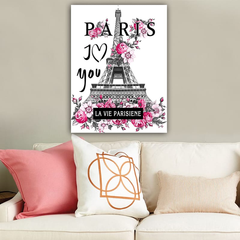 Canvastavla 70x100 cm - Stiliserad bild av Eiffeltornet omgiven av rosa blommor och texten PARIS I Love you - Rosa / Svart / Grå - Inredning - Tavlor & posters - Canvastavla