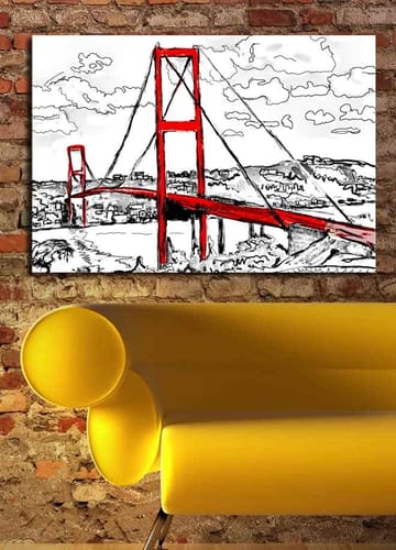 Canvastavla 70x100 cm - Stiliserad bild av en röd hängbro med omgivande landskap i svart och vitt - Röd / Svart - Inredning - Tavlor & posters - Canvastavla