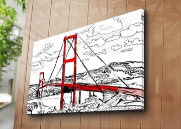 Canvastavla 70x100 cm - Stiliserad bild av en röd hängbro med omgivande landskap i svart och vitt - Röd / Svart - Inredning - Tavlor & posters - Canvastavla
