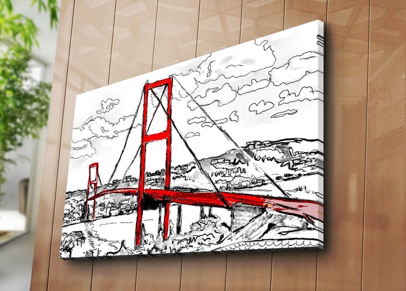 Canvastavla 70x100 cm - Stiliserad bild av en röd hängbro med omgivande landskap i svart och vitt - Röd / Svart - Inredning - Tavlor & posters - Canvastavla