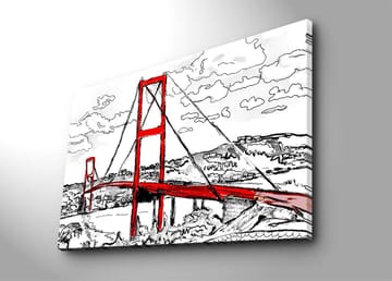 Canvastavla 70x100 cm - Stiliserad bild av en röd hängbro med omgivande landskap i svart och vitt - Röd / Svart - Inredning - Tavlor & posters - Canvastavla