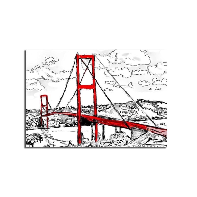 Canvastavla 70x100 cm - Stiliserad bild av en röd hängbro med omgivande landskap i svart och vitt - Röd / Svart - Inredning - Tavlor & posters - Canvastavla