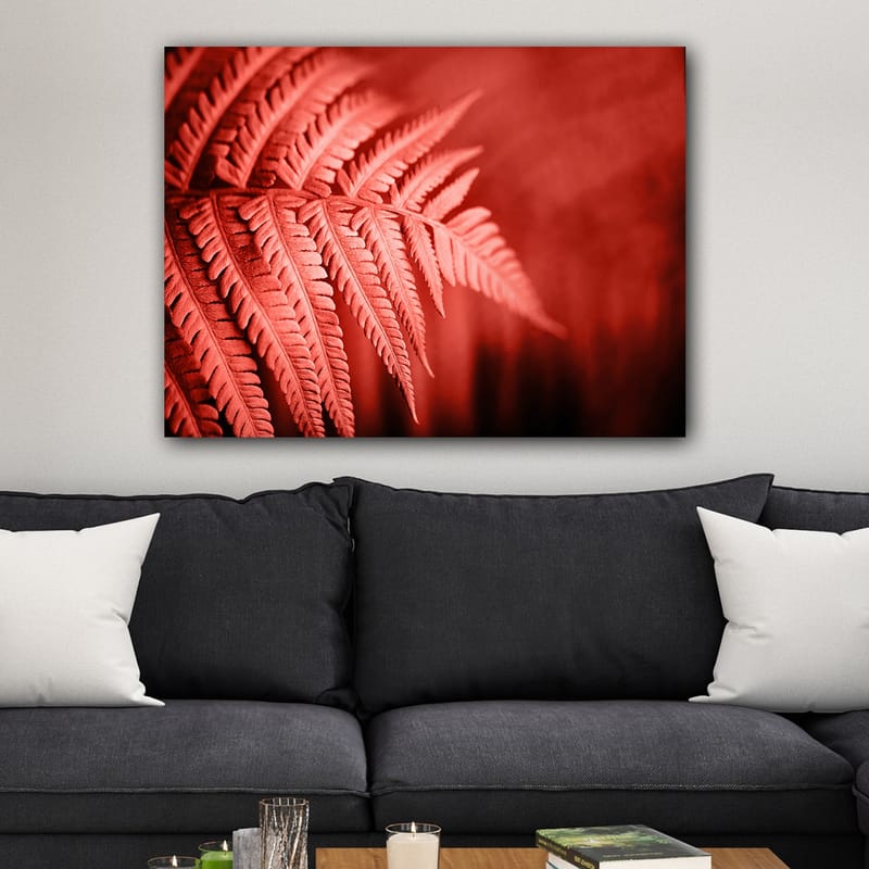 Canvastavla 70x100 cm - Stiliserad bild av ett rödaktigt ormbunke som framhäver dess detaljer - Röd / Svart - Inredning - Tavlor & posters - Canvastavla