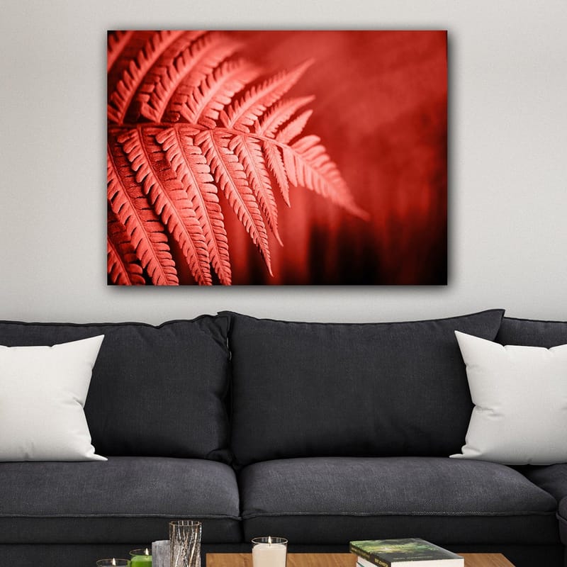 Canvastavla 70x100 cm - Stiliserad bild av ett rödaktigt ormbunke som framhäver dess detaljer - Röd / Svart - Inredning - Tavlor & posters - Canvastavla