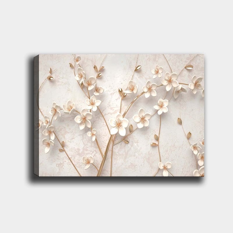 Canvastavla 70x100 cm - Stiliserad blomsterdesign med vita blommor och gyllene detaljer - Vit / Guld - Inredning - Tavlor & posters - Canvastavla