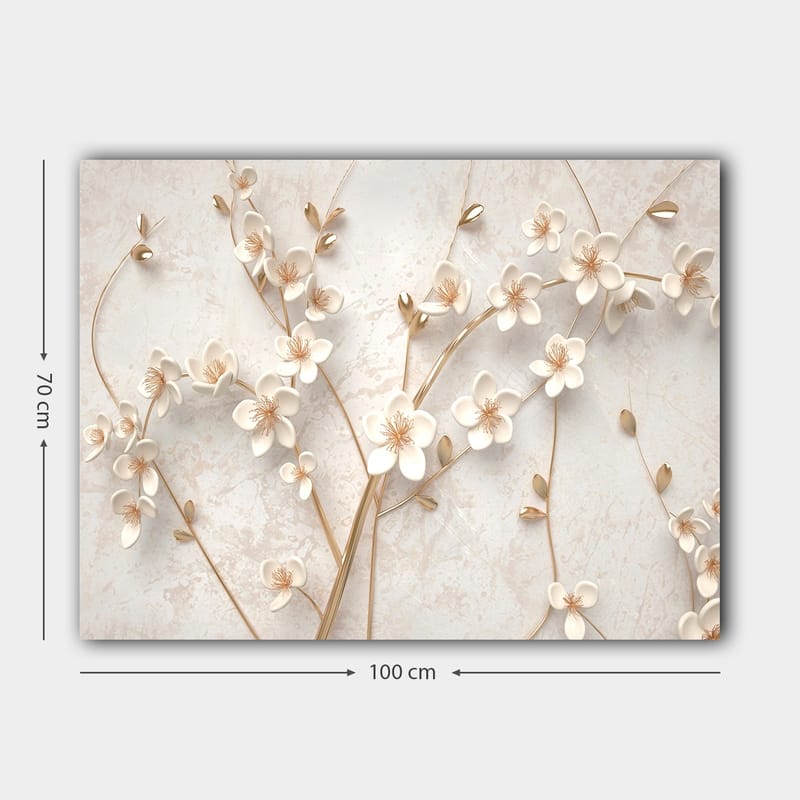 Canvastavla 70x100 cm - Stiliserad blomsterdesign med vita blommor och gyllene detaljer - Vit / Guld - Inredning - Tavlor & posters - Canvastavla