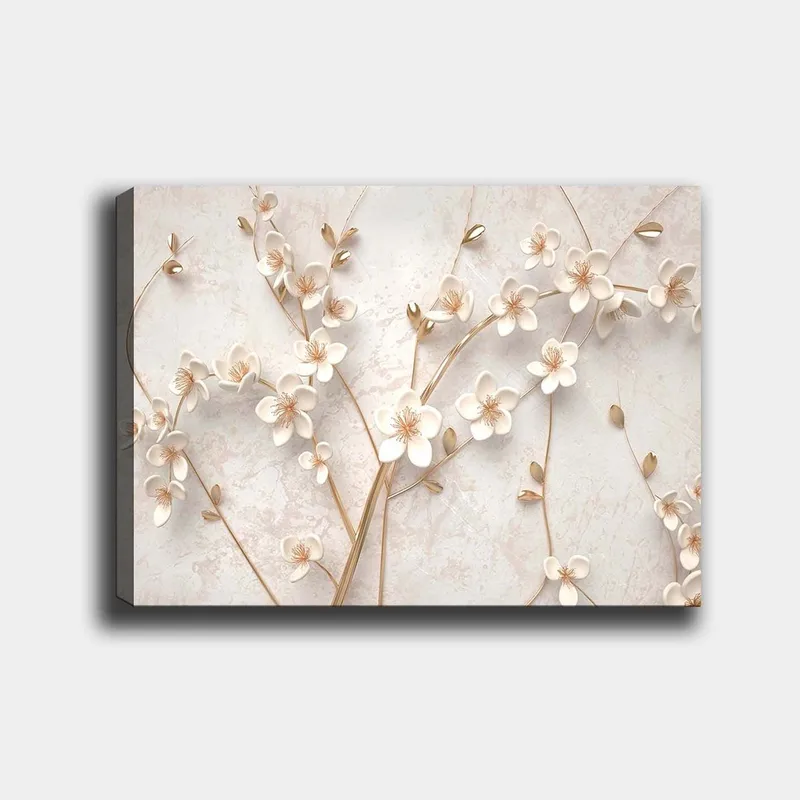 Canvastavla 70x100 cm - Stiliserad blomsterdesign med vita blommor och gyllene detaljer - Vit / Guld - Inredning - Tavlor & posters - Canvastavla