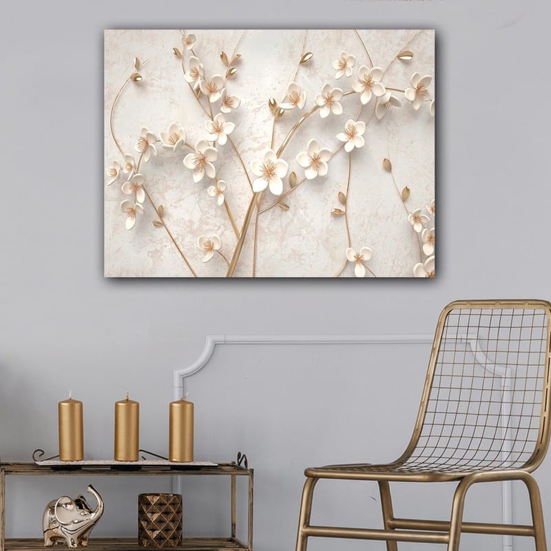 Canvastavla 70x100 cm - Stiliserad blomsterdesign med vita blommor och gyllene detaljer - Vit / Guld - Inredning - Tavlor & posters - Canvastavla