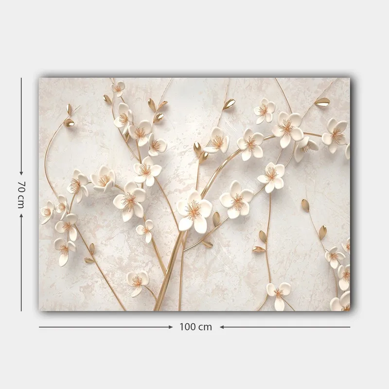 Canvastavla 70x100 cm - Stiliserad blomsterdesign med vita blommor och gyllene detaljer - Vit / Guld - Inredning - Tavlor & posters - Canvastavla