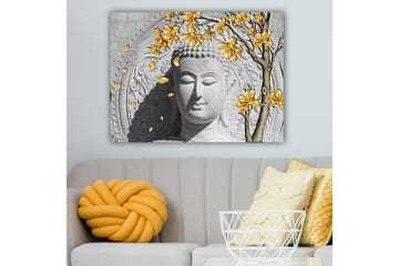 Canvastavla 70x100 cm - Stiliserad buddha med blommande grenar i gult - Grå / Vit / Gul - Inredning - Tavlor & posters - Canvastavla