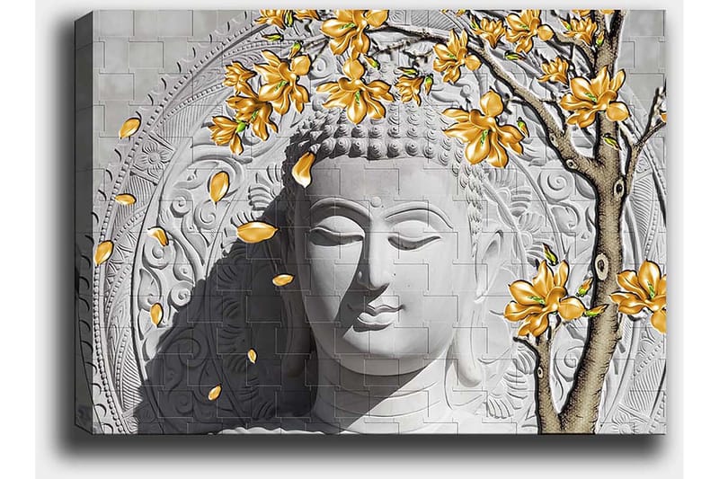 Canvastavla 70x100 cm - Stiliserad buddha med blommande grenar i gult - Grå / Vit / Gul - Inredning - Tavlor & posters - Canvastavla