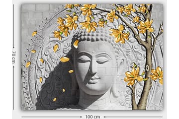 Canvastavla 70x100 cm - Stiliserad buddha med blommande grenar i gult - Grå / Vit / Gul - Inredning - Tavlor & posters - Canvastavla