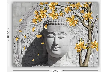 Canvastavla 70x100 cm - Stiliserad buddha med blommande grenar i gult - Grå / Vit / Gul - Inredning - Tavlor & posters - Canvastavla