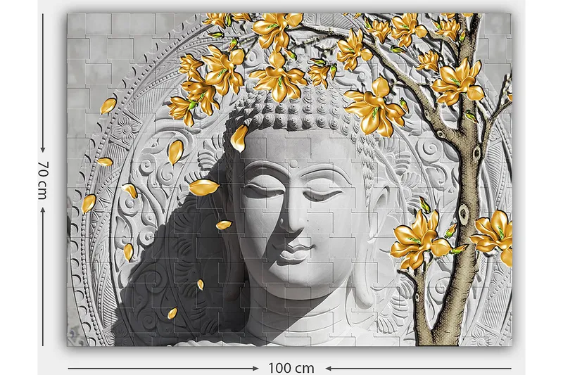 Canvastavla 70x100 cm - Stiliserad buddha med blommande grenar i gult - Grå / Vit / Gul - Inredning - Tavlor & posters - Canvastavla