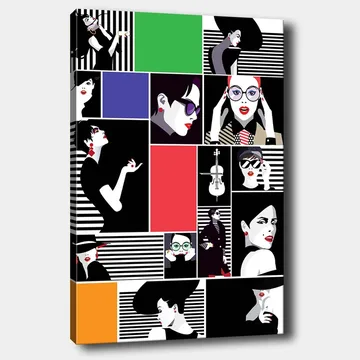 Canvastavla 70x100 cm - Stiliserad collage av modeikoner med starka uttryck och olika accessoarer - Svart / Röd / Grön - Inredning - Tavlor & posters - Canvastavla