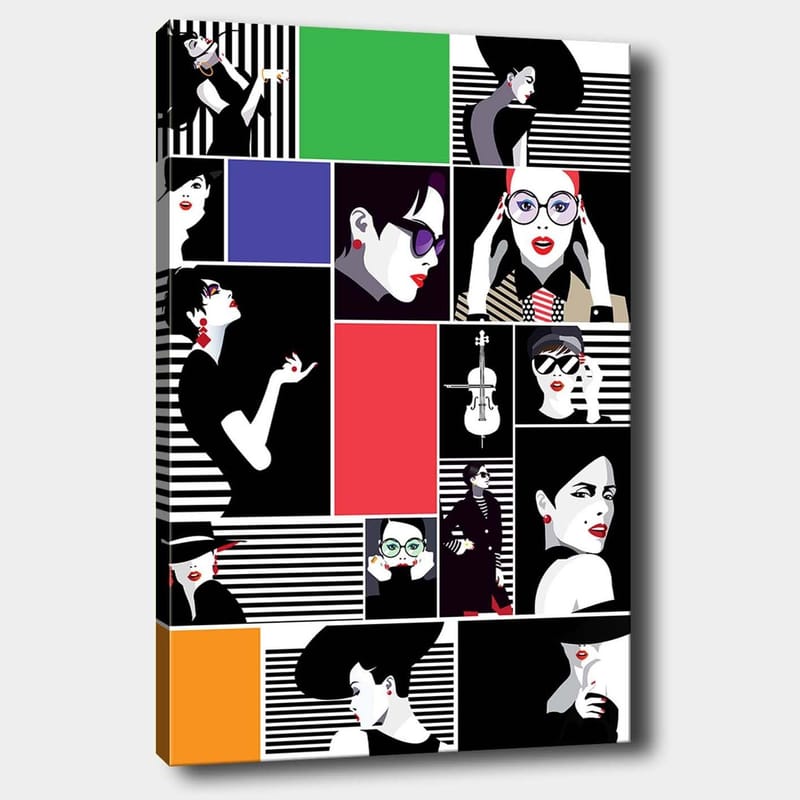 Canvastavla 70x100 cm - Stiliserad collage av modeikoner med starka uttryck och olika accessoarer, Svart / Röd / Grön