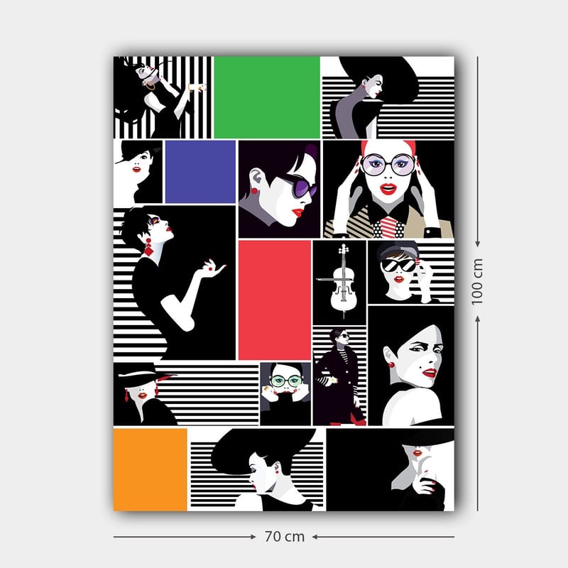 Canvastavla 70x100 cm - Stiliserad collage av modeikoner med starka uttryck och olika accessoarer - Svart / Röd / Grön - Inredning - Tavlor & posters - Canvastavla