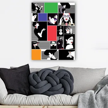 Canvastavla 70x100 cm - Stiliserad collage av modeikoner med starka uttryck och olika accessoarer - Svart / Röd / Grön - Inredning - Tavlor & posters - Canvastavla