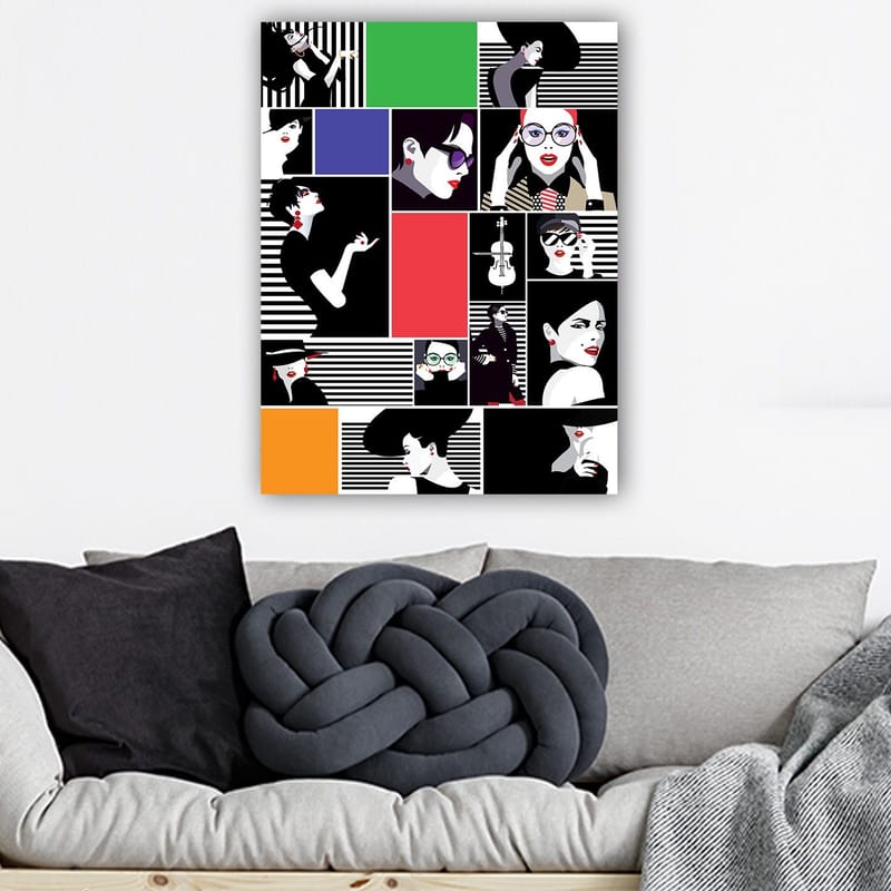 Canvastavla 70x100 cm - Stiliserad collage av modeikoner med starka uttryck och olika accessoarer - Svart / Röd / Grön - Inredning - Tavlor & posters - Canvastavla