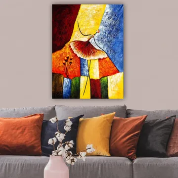 Canvastavla 70x100 cm - Stiliserad dansande kvinna med en röd kjol mot en färgglad bakgrund - Röd / Gul / Blå - Inredning - Tavlor & posters - Canvastavla