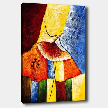 Canvastavla 70x100 cm - Stiliserad dansande kvinna med en röd kjol mot en färgglad bakgrund - Röd / Gul / Blå - Inredning - Tavlor & posters - Canvastavla