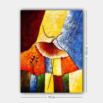 Canvastavla 70x100 cm - Stiliserad dansande kvinna med en röd kjol mot en färgglad bakgrund - Röd / Gul / Blå - Inredning - Tavlor & posters - Canvastavla
