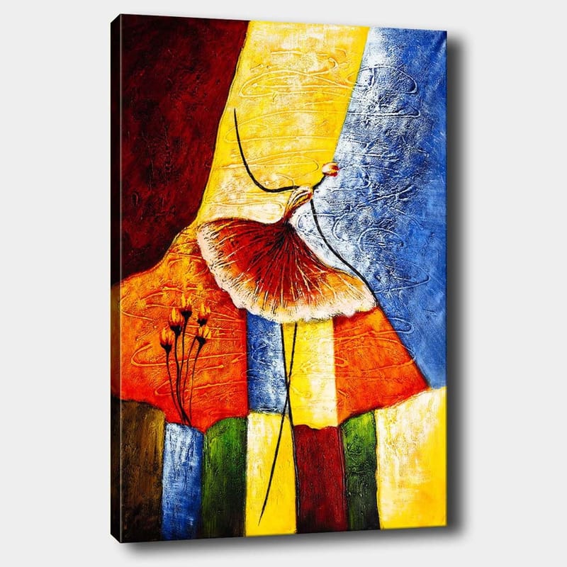 Canvastavla 70x100 cm - Stiliserad dansande kvinna med en röd kjol mot en färgglad bakgrund, Röd / Gul / Blå