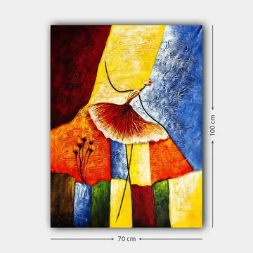 Canvastavla 70x100 cm - Stiliserad dansande kvinna med en röd kjol mot en färgglad bakgrund - Röd / Gul / Blå - Inredning - Tavlor & posters - Canvastavla