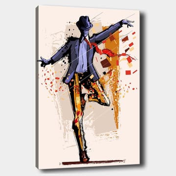 Canvastavla 70x100 cm - Stiliserad dansare i kostym med en hatt som uttrycker rörelse och energi - Mörkblå / Orange / Röd - Inredning - Tavlor & posters - Canvastavla