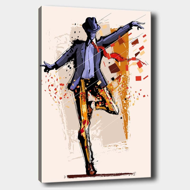 Canvastavla 70x100 cm - Stiliserad dansare i kostym med en hatt som uttrycker rörelse och energi - Mörkblå / Orange / Röd - Inredning - Tavlor & posters - Canvastavla