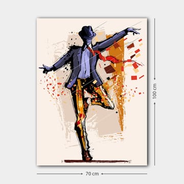 Canvastavla 70x100 cm - Stiliserad dansare i kostym med en hatt som uttrycker rörelse och energi - Mörkblå / Orange / Röd - Inredning - Tavlor & posters - Canvastavla