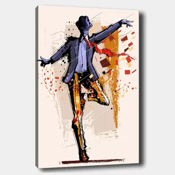 Canvastavla 70x100 cm - Stiliserad dansare i kostym med en hatt som uttrycker rörelse och energi - Mörkblå / Orange / Röd - Inredning - Tavlor & posters - Canvastavla