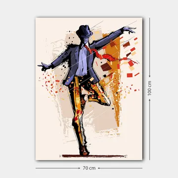Canvastavla 70x100 cm - Stiliserad dansare i kostym med en hatt som uttrycker rörelse och energi - Mörkblå / Orange / Röd - Inredning - Tavlor & posters - Canvastavla